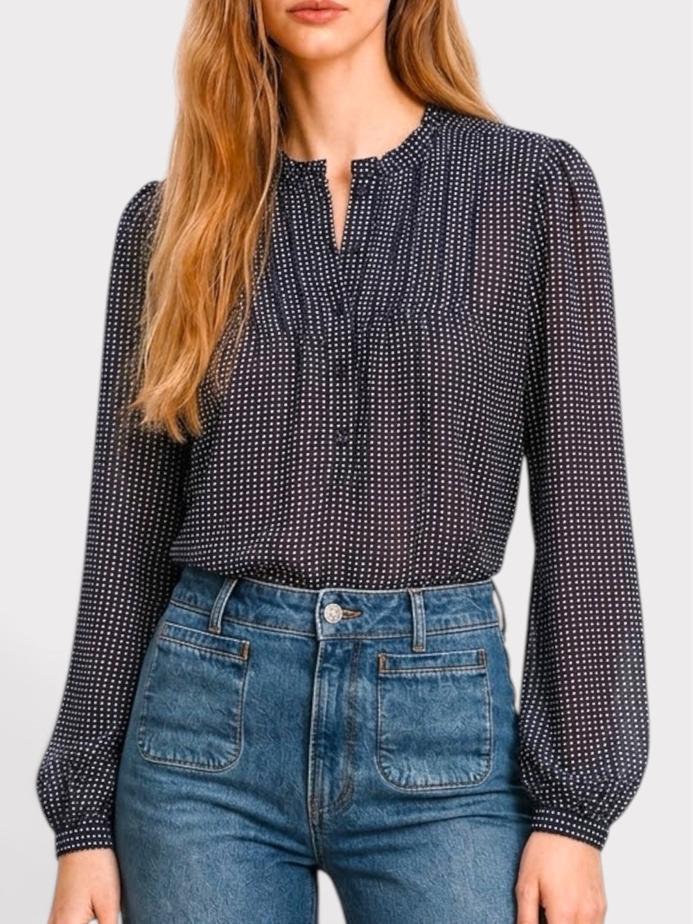 Adrianna Papell Navy and White Polka Dot Pleated Blouse Size Small